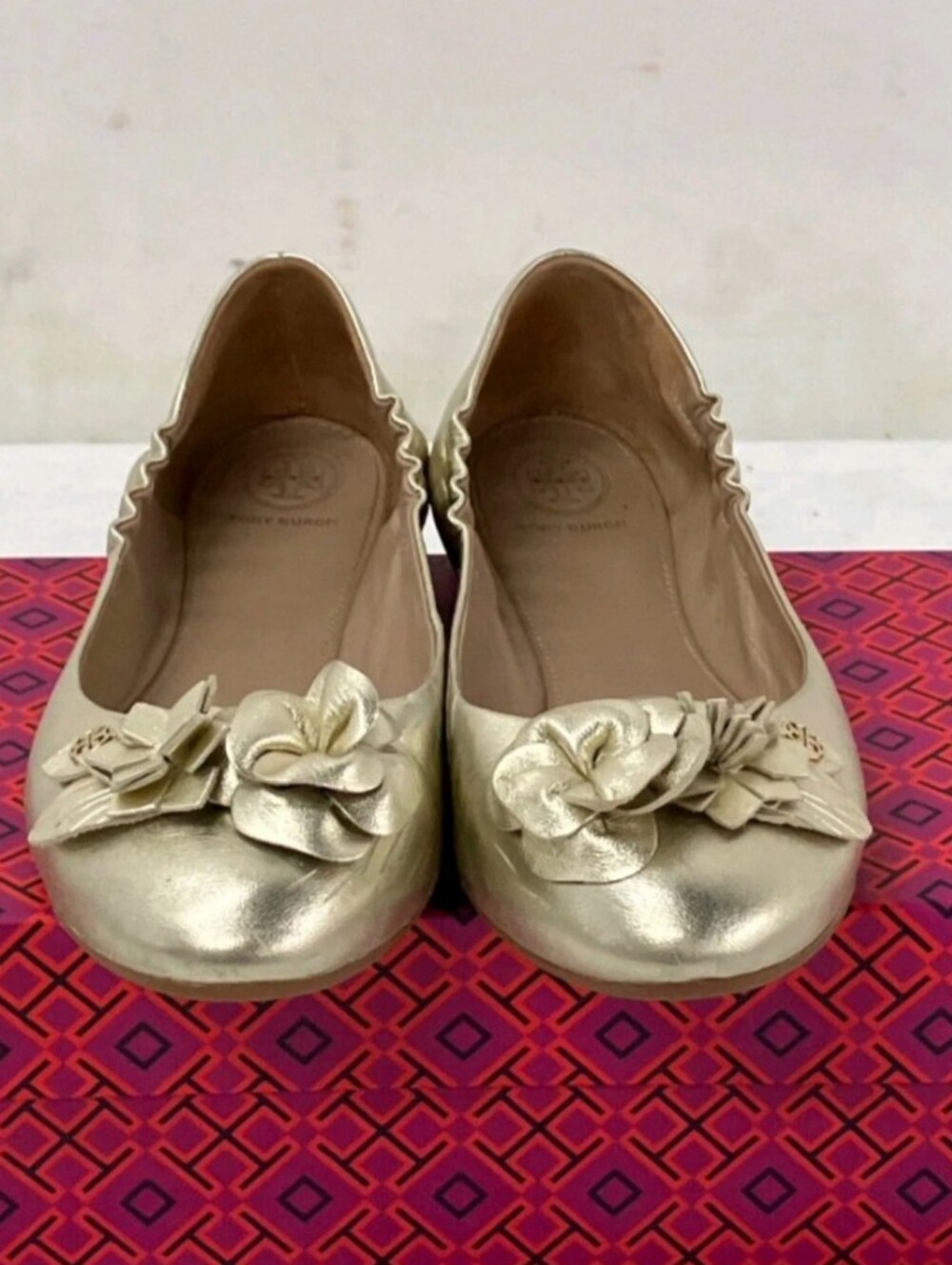 Tory Burch Blossom Ballet Flats Spark Gold Metallic Leather Size 9